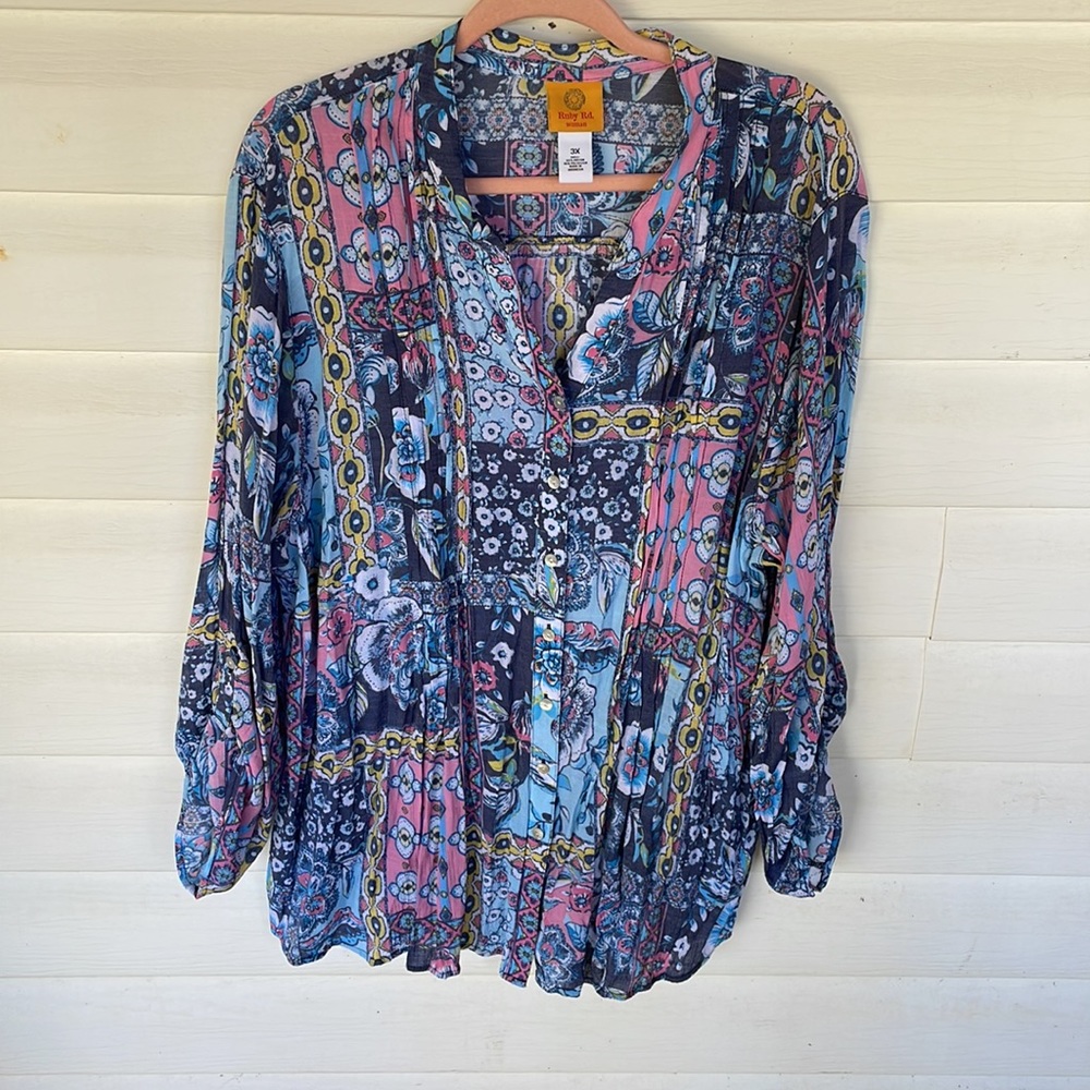 Colorful pleated button down blouse
